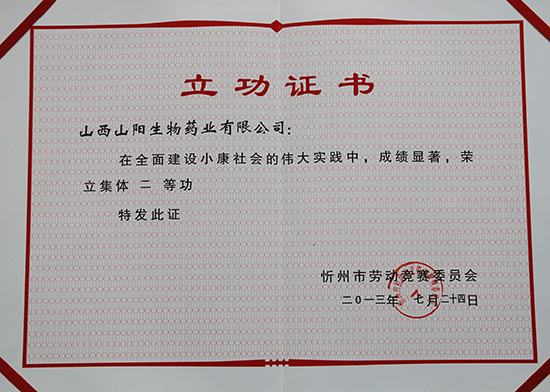 山陽藥業立功證書
